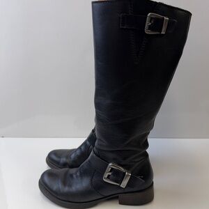 Rieker Black Leather Knee High Side Zip Large Buckle l Leather Boots Size 37 / 6